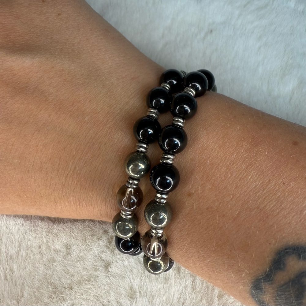 Love Pray Black Tourmaline and Smoky Quartz Beaded Gemstone Bracelet